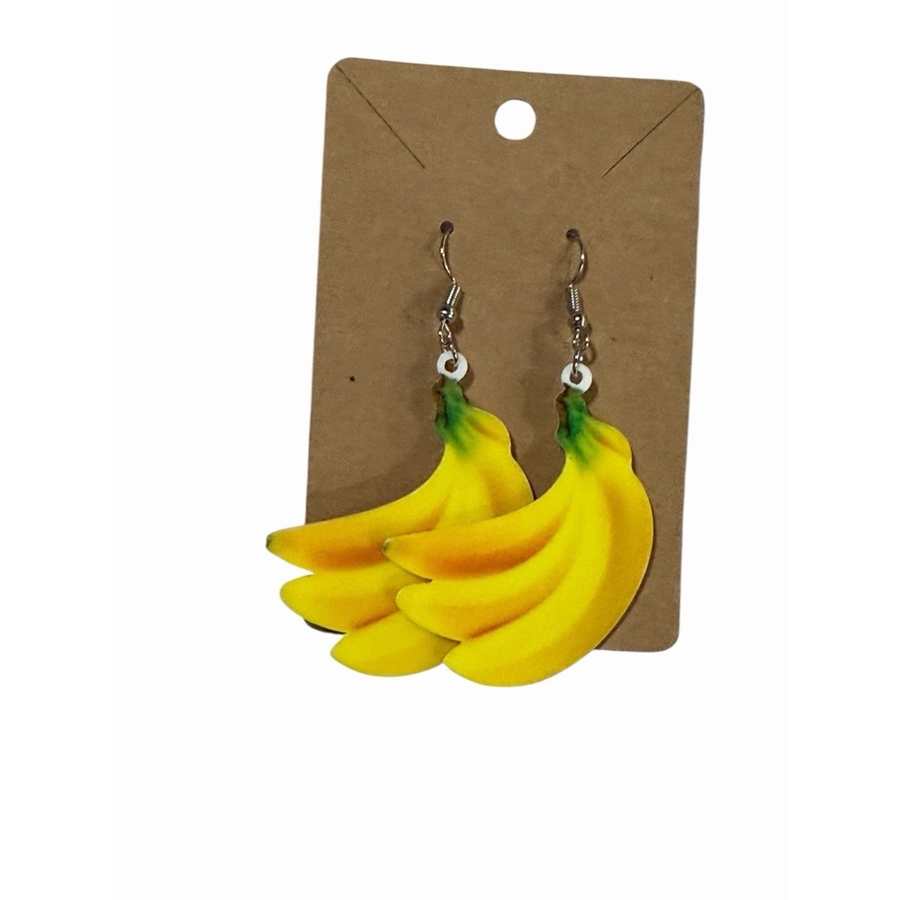 Handmade Banana Bunch Drop Earrings Yellow Fruit Tropical Kitschy Jewelry‎